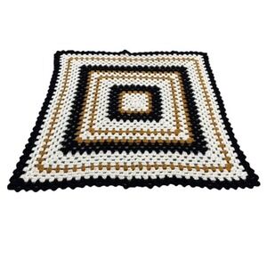 Crochet Granny Square Throw Blanket 36"x36" Afghan Black White Mustard Handmade